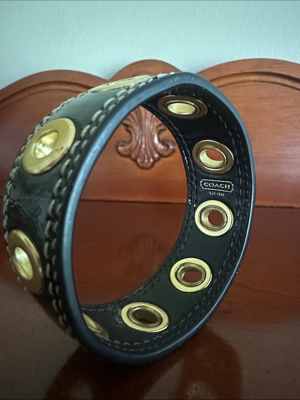Coach Black Leather Grommet Cuff with Gold-Tone Rings